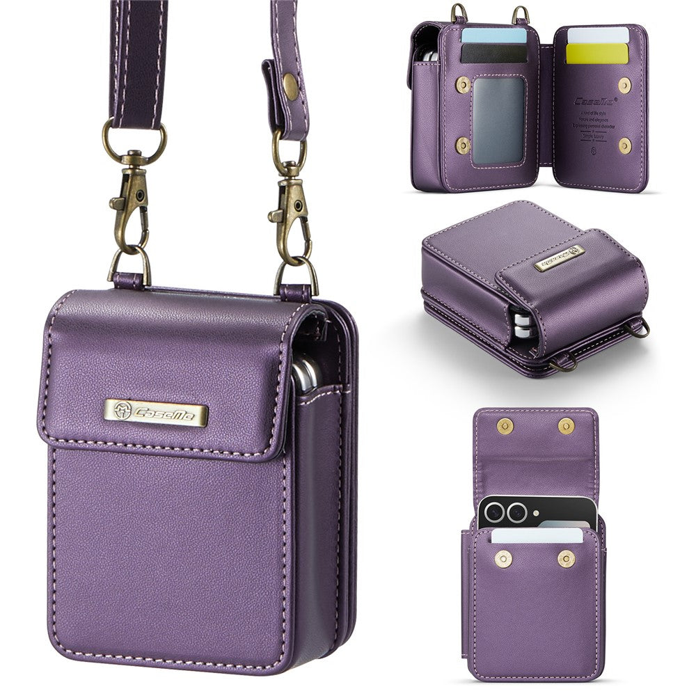 For Samsung Galaxy Z Flip7 FE 5G / Z Flip7 5G / Z Flip6 5G / Z Flip5 5G Leather Mobile Phone Bag RFID Blocking Wallet Pouch with Strap - Purple