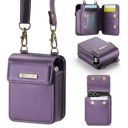 For Samsung Galaxy Z Flip7 FE 5G / Z Flip7 5G / Z Flip6 5G / Z Flip5 5G Leather Mobile Phone Bag RFID Blocking Wallet Pouch with Strap - Purple