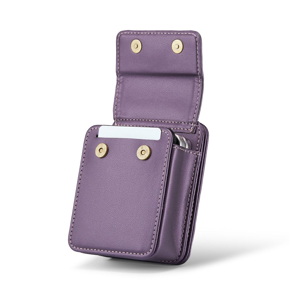 For Samsung Galaxy Z Flip7 FE 5G / Z Flip7 5G / Z Flip6 5G / Z Flip5 5G Leather Mobile Phone Bag RFID Blocking Wallet Pouch with Strap - Purple