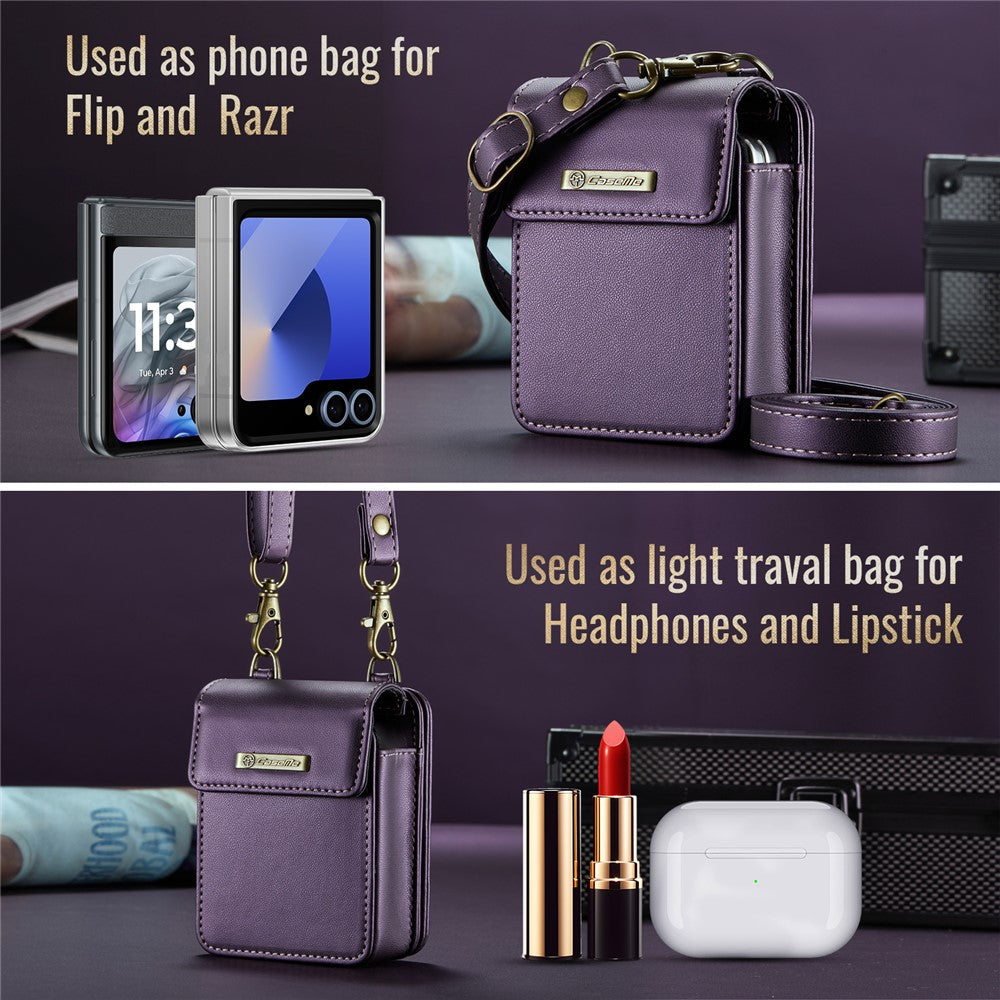 For Samsung Galaxy Z Flip7 FE 5G / Z Flip7 5G / Z Flip6 5G / Z Flip5 5G Leather Mobile Phone Bag RFID Blocking Wallet Pouch with Strap - Purple