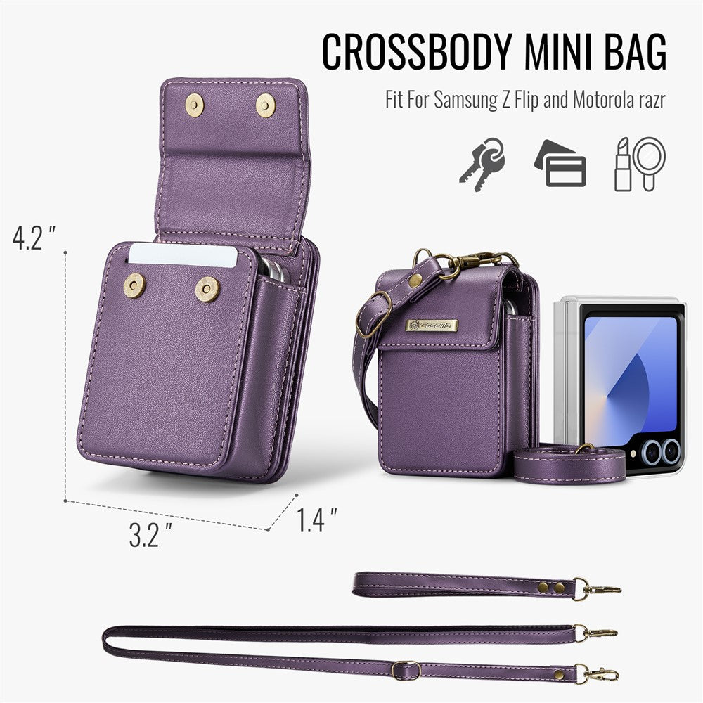 For Samsung Galaxy Z Flip7 FE 5G / Z Flip7 5G / Z Flip6 5G / Z Flip5 5G Leather Mobile Phone Bag RFID Blocking Wallet Pouch with Strap - Purple