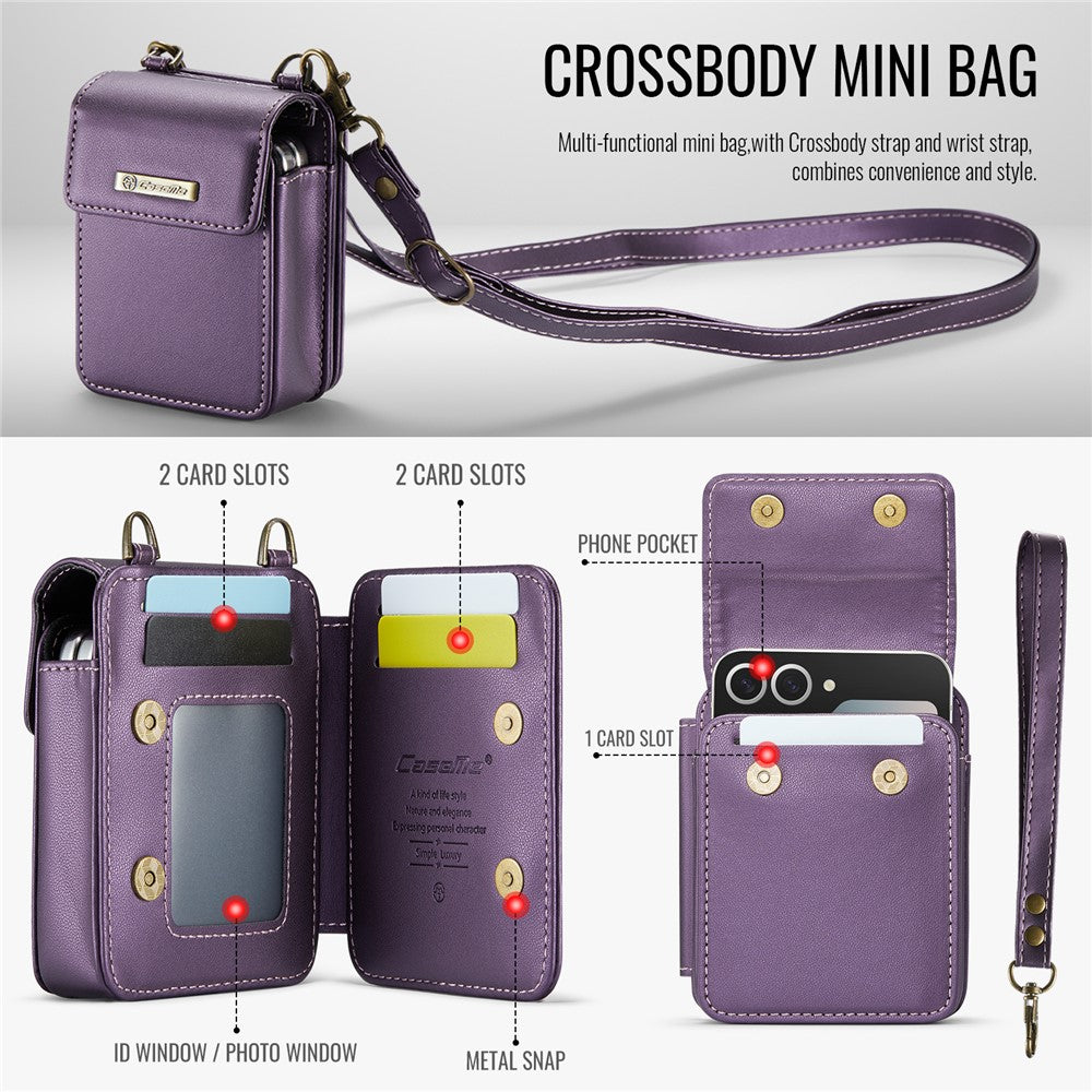 For Samsung Galaxy Z Flip7 FE 5G / Z Flip7 5G / Z Flip6 5G / Z Flip5 5G Leather Mobile Phone Bag RFID Blocking Wallet Pouch with Strap - Purple