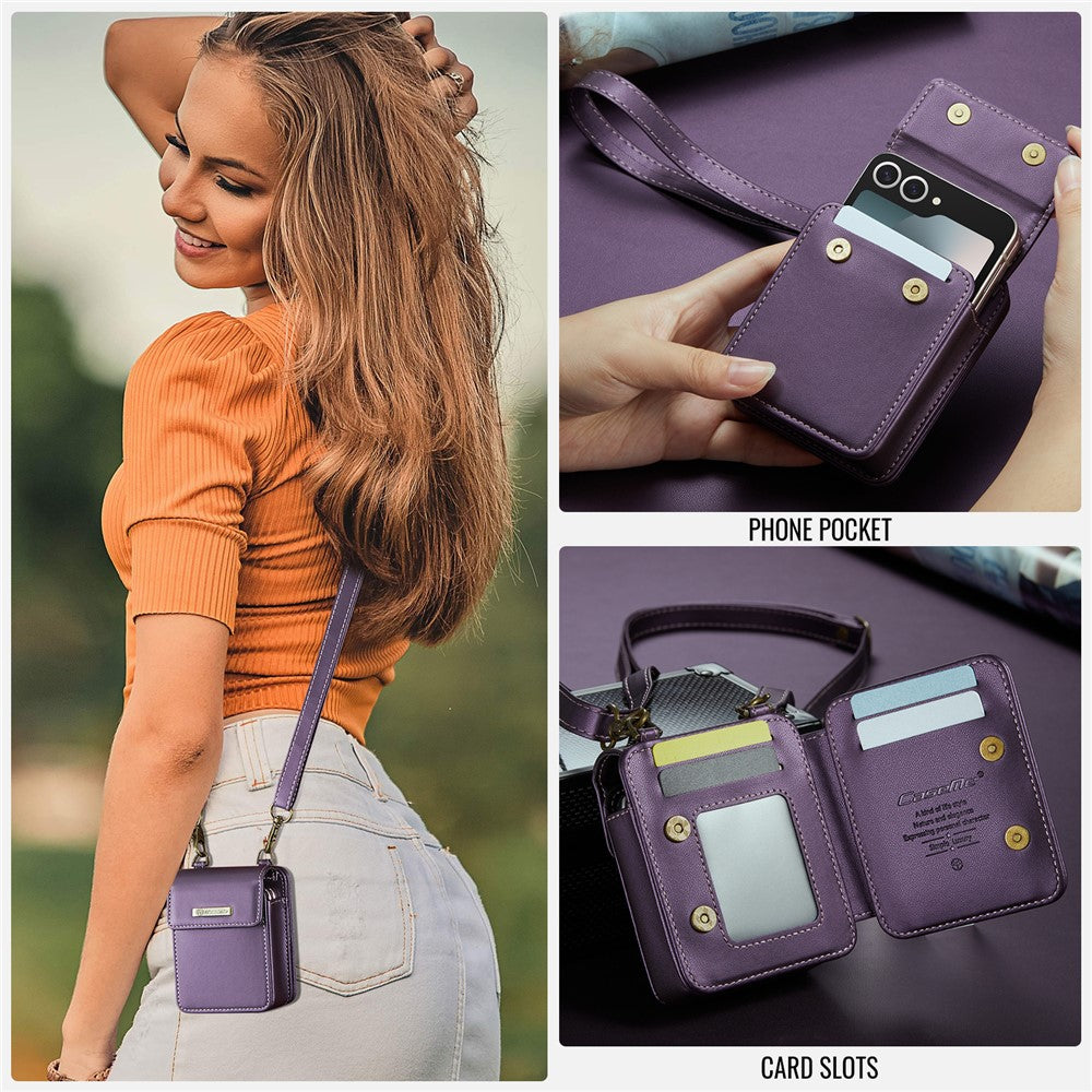 For Samsung Galaxy Z Flip7 FE 5G / Z Flip7 5G / Z Flip6 5G / Z Flip5 5G Leather Mobile Phone Bag RFID Blocking Wallet Pouch with Strap - Purple