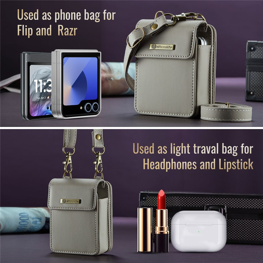 For Samsung Galaxy Z Flip7 FE 5G / Z Flip7 5G / Z Flip6 5G / Z Flip5 5G Leather Mobile Phone Bag RFID Blocking Wallet Pouch with Strap - Grey