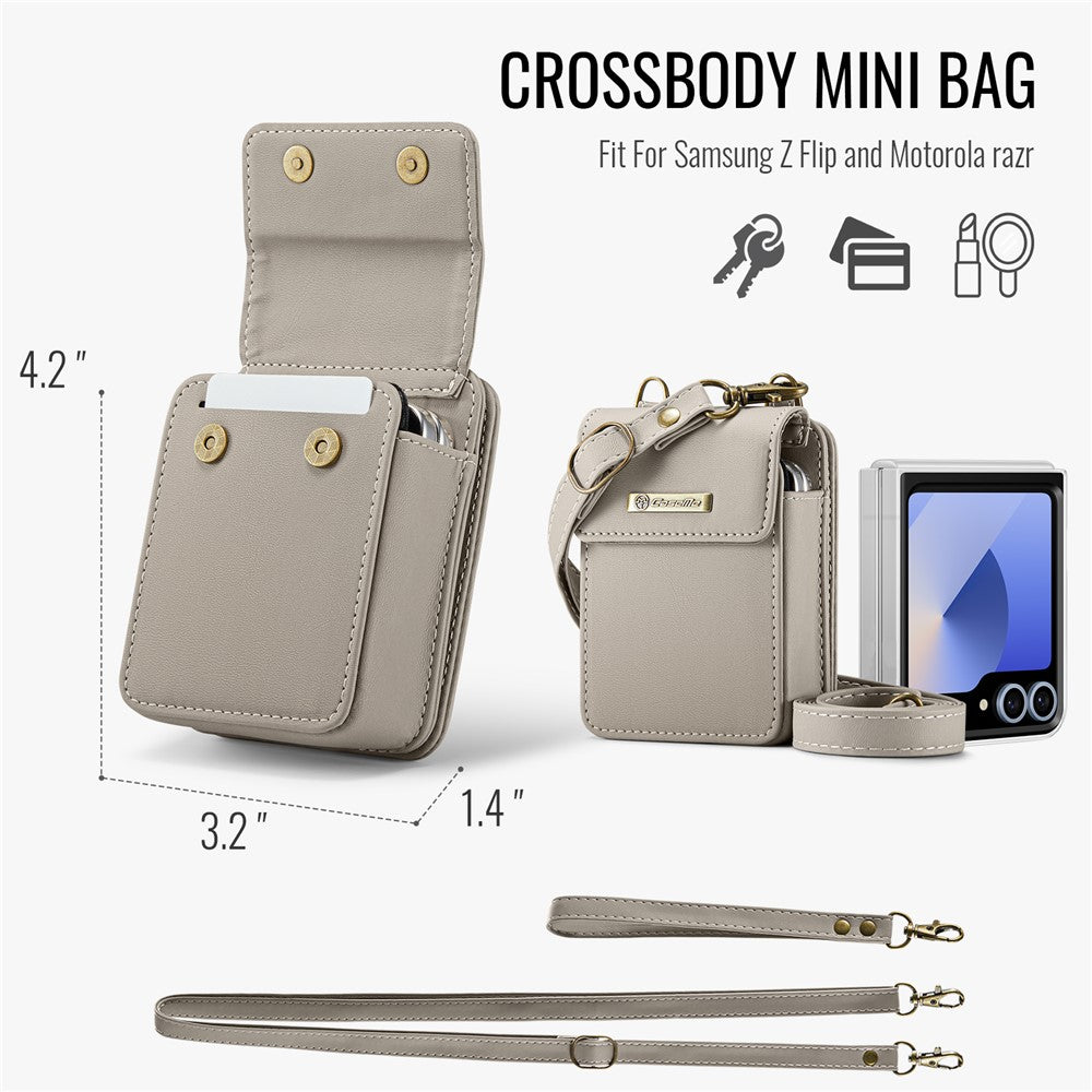 For Samsung Galaxy Z Flip7 FE 5G / Z Flip7 5G / Z Flip6 5G / Z Flip5 5G Leather Mobile Phone Bag RFID Blocking Wallet Pouch with Strap - Grey