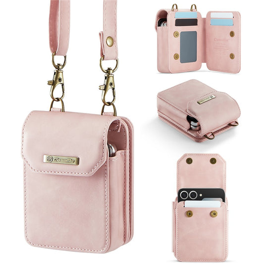 For Samsung Galaxy Z Flip7 FE 5G / Z Flip7 5G / Z Flip6 5G / Z Flip5 5G Phone Pouch with Strap RFID Blocking Leather Wallet Phone Case - Pink