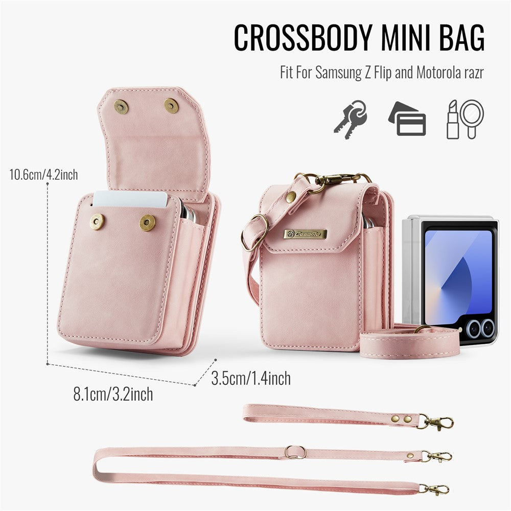 For Samsung Galaxy Z Flip7 FE 5G / Z Flip7 5G / Z Flip6 5G / Z Flip5 5G Phone Pouch with Strap RFID Blocking Leather Wallet Phone Case - Pink