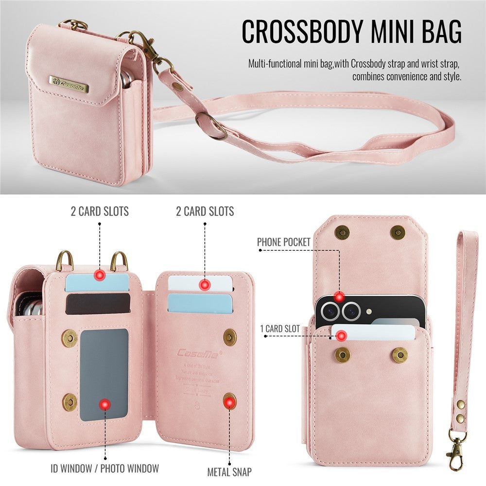 For Samsung Galaxy Z Flip7 FE 5G / Z Flip7 5G / Z Flip6 5G / Z Flip5 5G Phone Pouch with Strap RFID Blocking Leather Wallet Phone Case - Pink