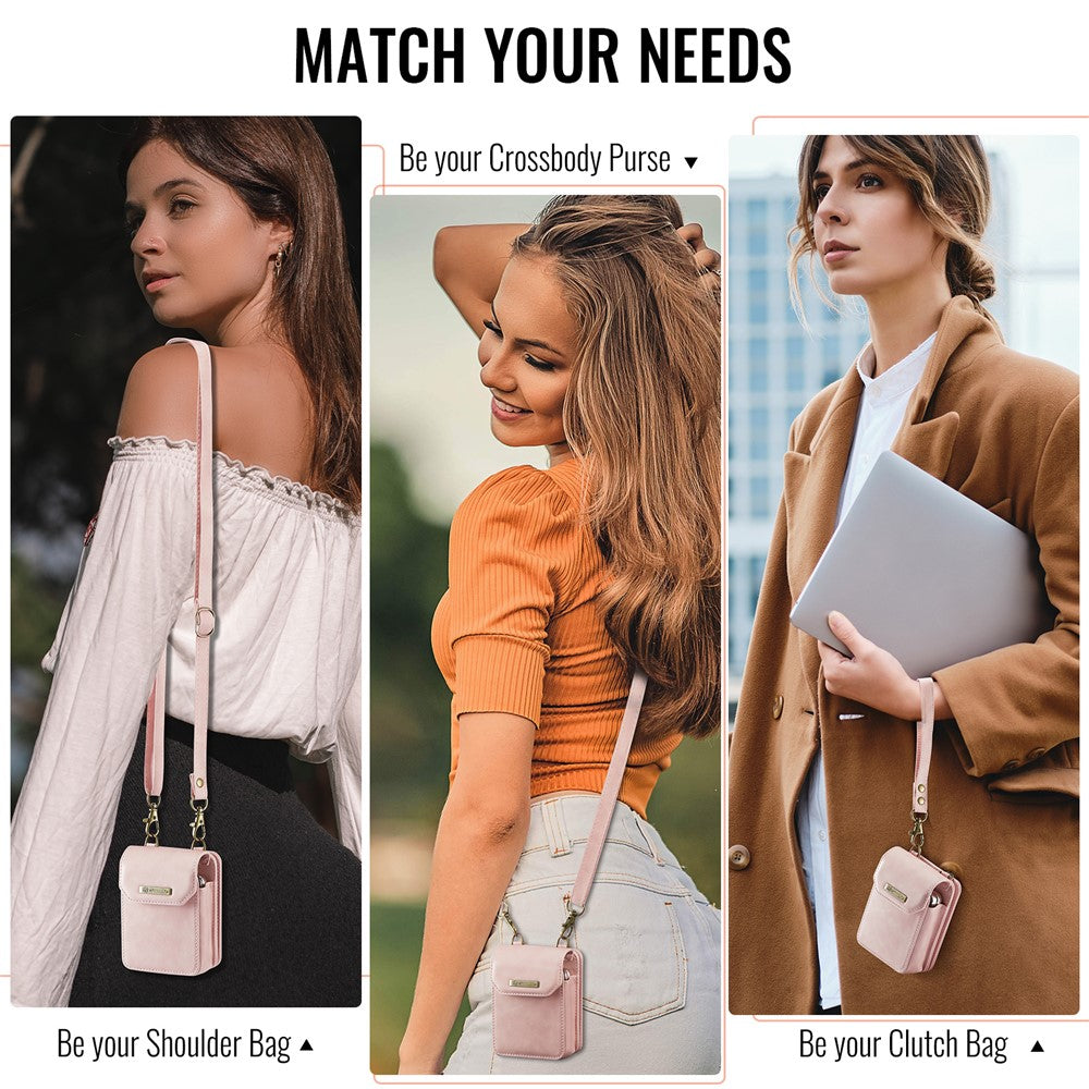 For Samsung Galaxy Z Flip7 FE 5G / Z Flip7 5G / Z Flip6 5G / Z Flip5 5G Phone Pouch with Strap RFID Blocking Leather Wallet Phone Case - Pink