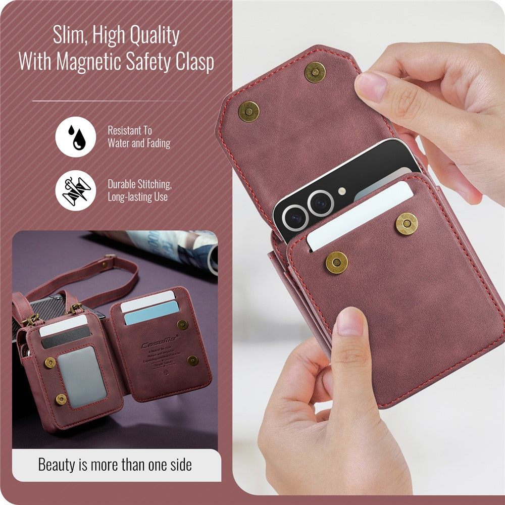 For Samsung Galaxy Z Flip7 FE 5G / Z Flip7 5G / Z Flip6 5G / Z Flip5 5G Phone Pouch with Strap RFID Blocking Leather Wallet Phone Case - Red