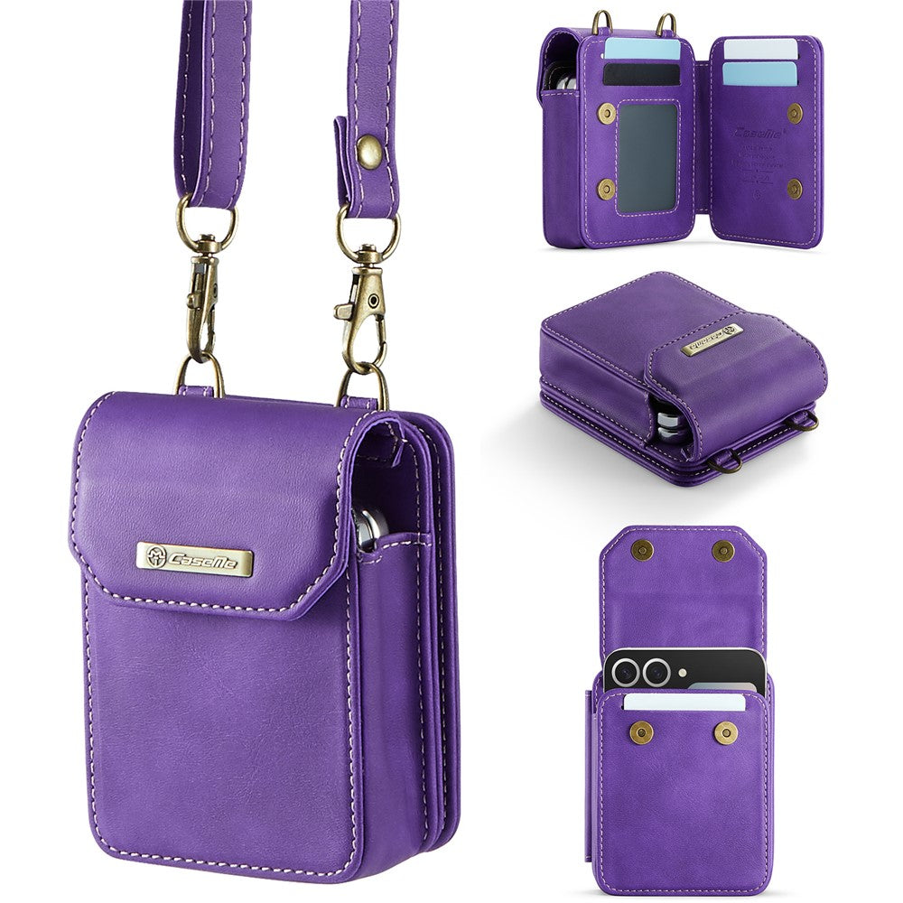 For Samsung Galaxy Z Flip7 FE 5G / Z Flip7 5G / Z Flip6 5G / Z Flip5 5G Phone Pouch with Strap RFID Blocking Leather Wallet Phone Case - Dark Purple