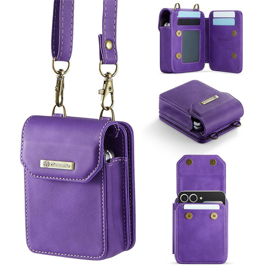 For Samsung Galaxy Z Flip7 FE 5G / Z Flip7 5G / Z Flip6 5G / Z Flip5 5G Phone Pouch with Strap RFID Blocking Leather Wallet Phone Case - Dark Purple