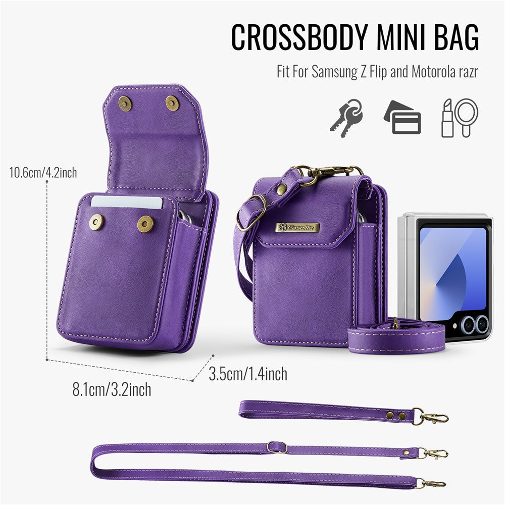 For Samsung Galaxy Z Flip7 FE 5G / Z Flip7 5G / Z Flip6 5G / Z Flip5 5G Phone Pouch with Strap RFID Blocking Leather Wallet Phone Case - Dark Purple