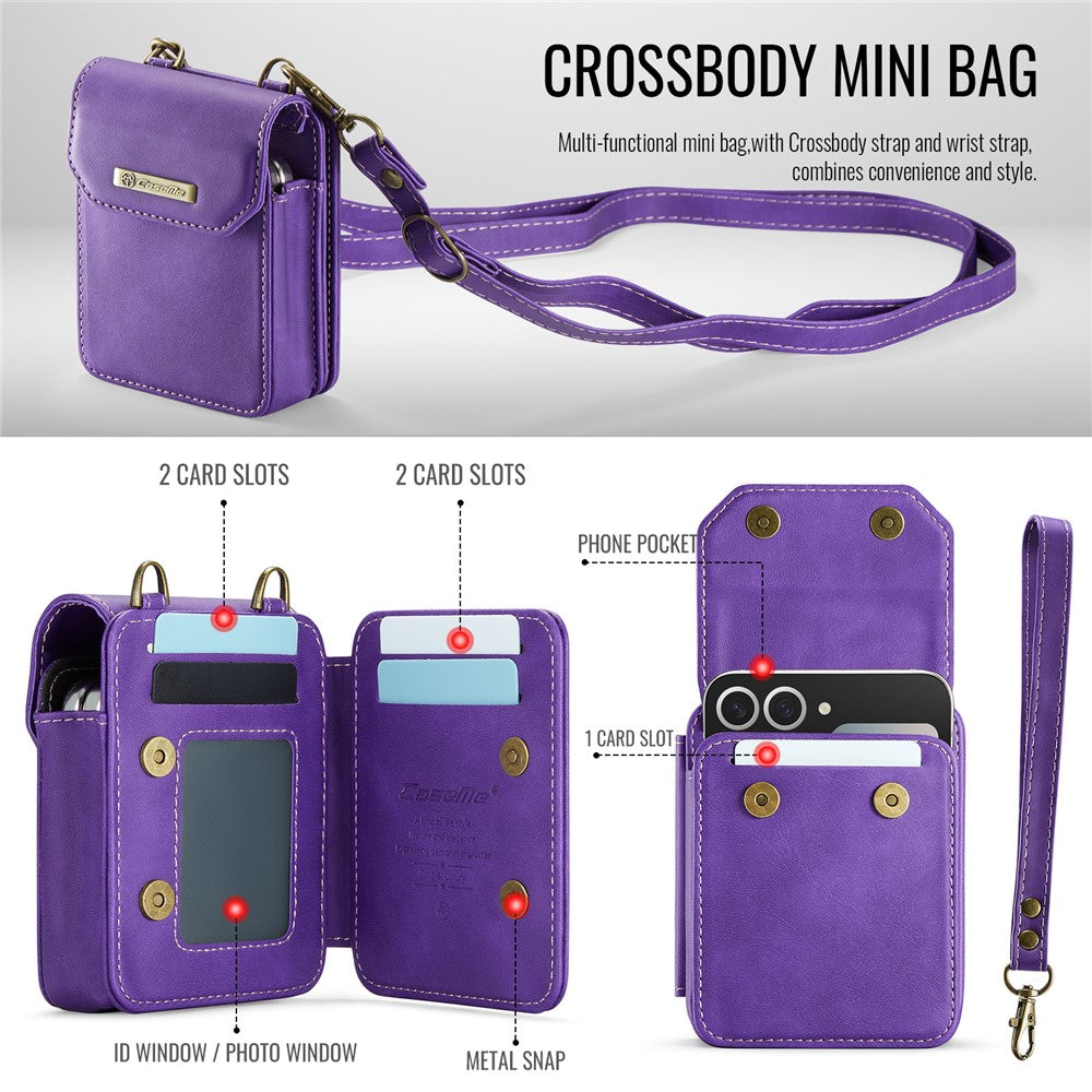 For Samsung Galaxy Z Flip7 FE 5G / Z Flip7 5G / Z Flip6 5G / Z Flip5 5G Phone Pouch with Strap RFID Blocking Leather Wallet Phone Case - Dark Purple