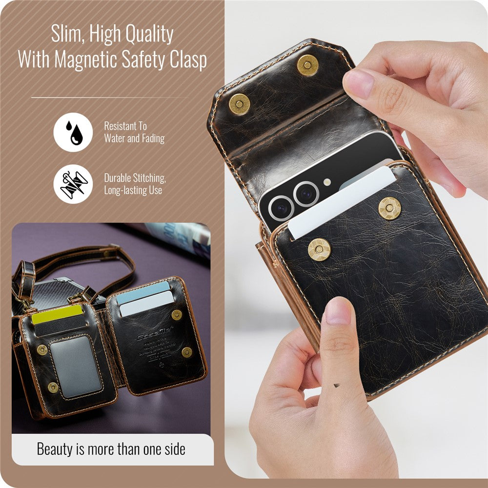 For Samsung Galaxy Z Flip7 FE 5G / Z Flip7 5G / Z Flip6 5G / Z Flip5 5G Phone Pouch with Strap RFID Blocking Leather Wallet Phone Case - Coffee