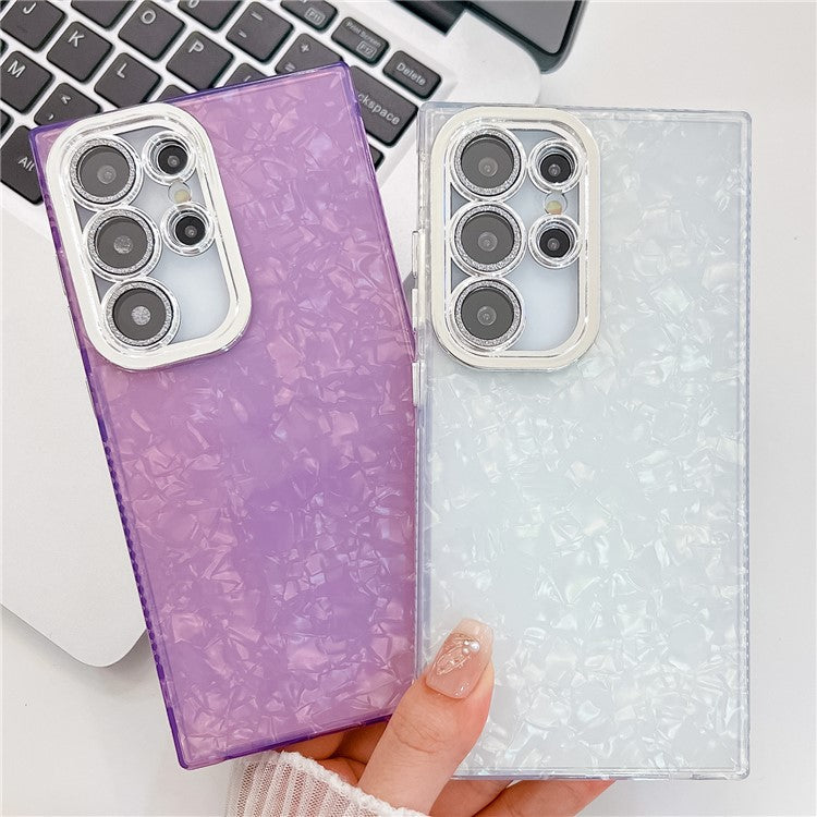 For Samsung Galaxy S25 Ultra Case IMD Design Shockproof PC+TPU Phone Cover with Glass Lens Film - Shell Pattern / Purple