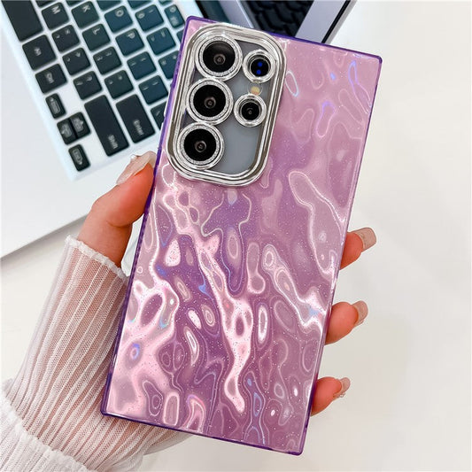 For Samsung Galaxy S24 Ultra Case IMD Design Shockproof PC+TPU Phone Cover with Glass Lens Film - Wrinkle Pattern / Purple