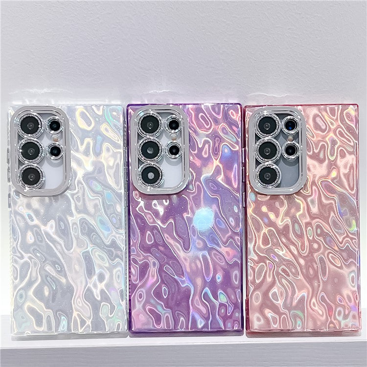 For Samsung Galaxy S24 Ultra Case IMD Design Shockproof PC+TPU Phone Cover with Glass Lens Film - Wrinkle Pattern / Purple