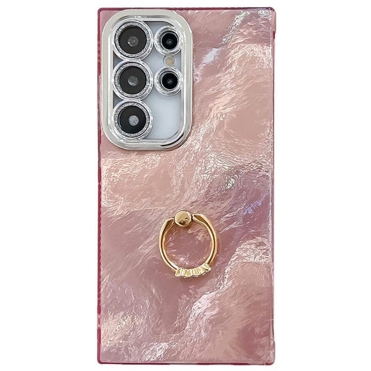 For Samsung Galaxy S24 Ultra Case with Lens Film IMD Anti-Scratch PC+TPU Phone Cover Ring Holder Kickstand - Foil Pattern / Pink
