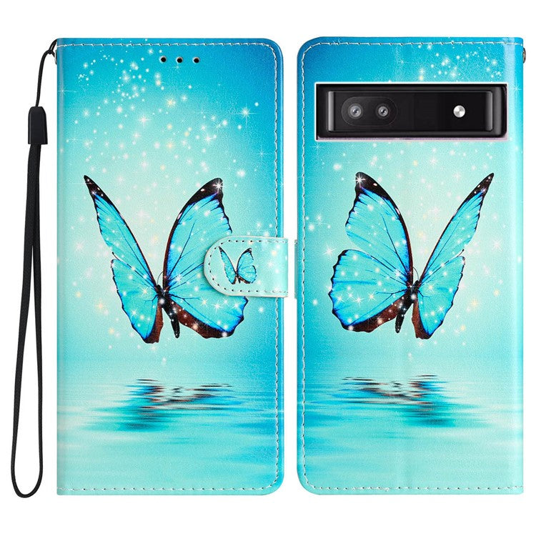 For Google Pixel 9a Wallet Case PU Leather Pattern Printing Stand Phone Cover with Strap - Blue Butterfly