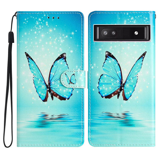 For Google Pixel 9a Wallet Case PU Leather Pattern Printing Stand Phone Cover with Strap - Blue Butterfly