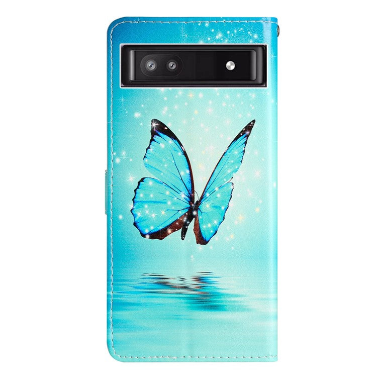 For Google Pixel 9a Wallet Case PU Leather Pattern Printing Stand Phone Cover with Strap - Blue Butterfly