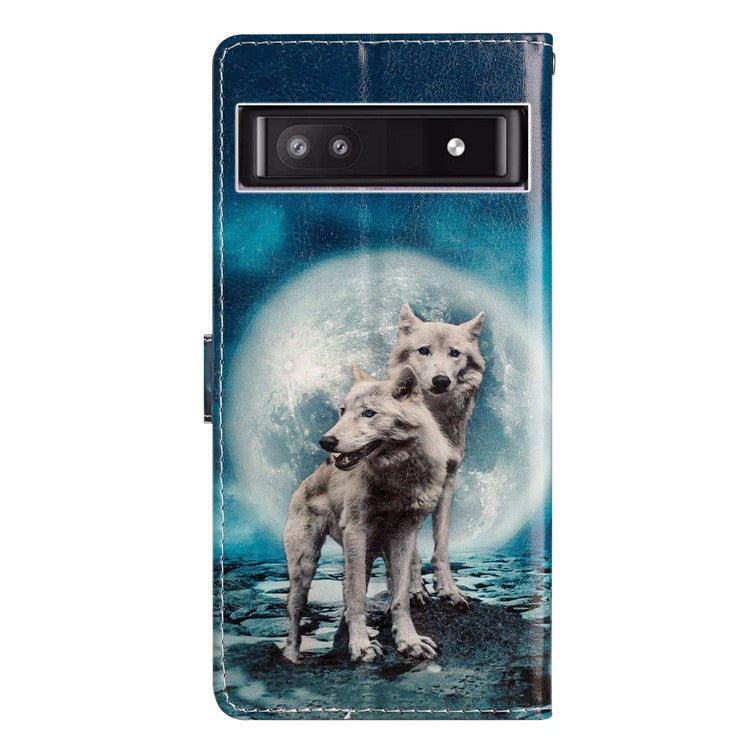 For Google Pixel 9a Wallet Case PU Leather Pattern Printing Stand Phone Cover with Strap - Two Wolves