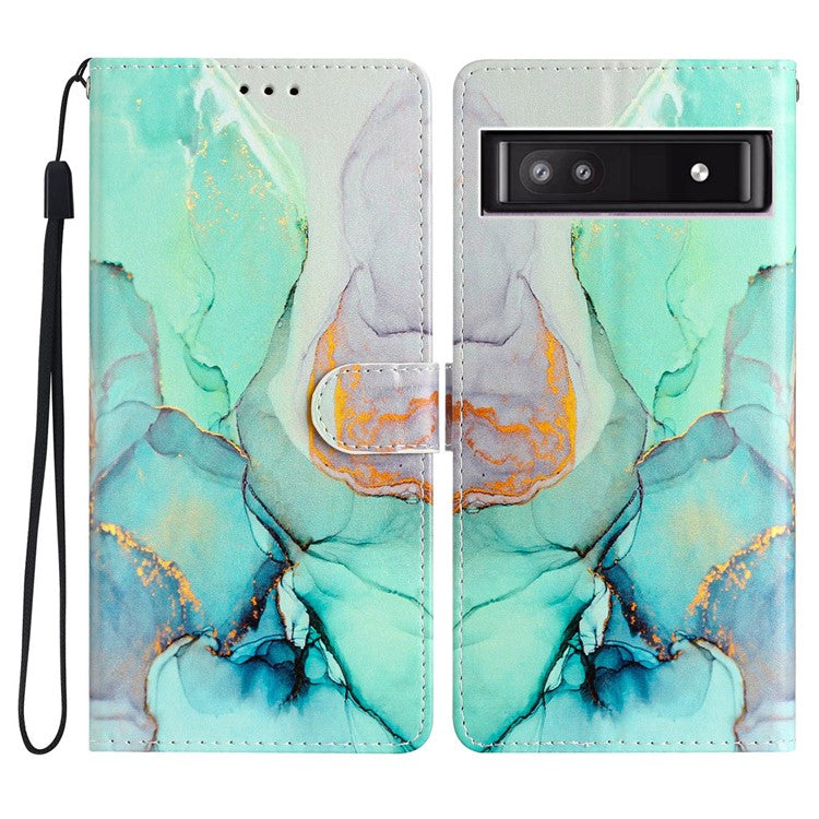 For Google Pixel 9a Wallet Case PU Leather Pattern Printing Stand Phone Cover with Strap - Green Marble