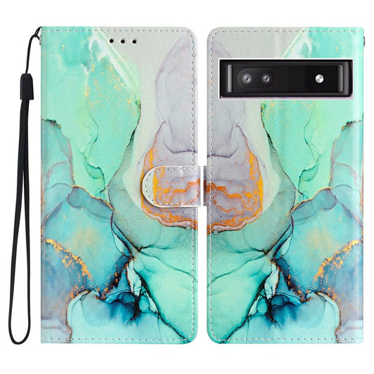 For Google Pixel 9a Wallet Case PU Leather Pattern Printing Stand Phone Cover with Strap - Green Marble