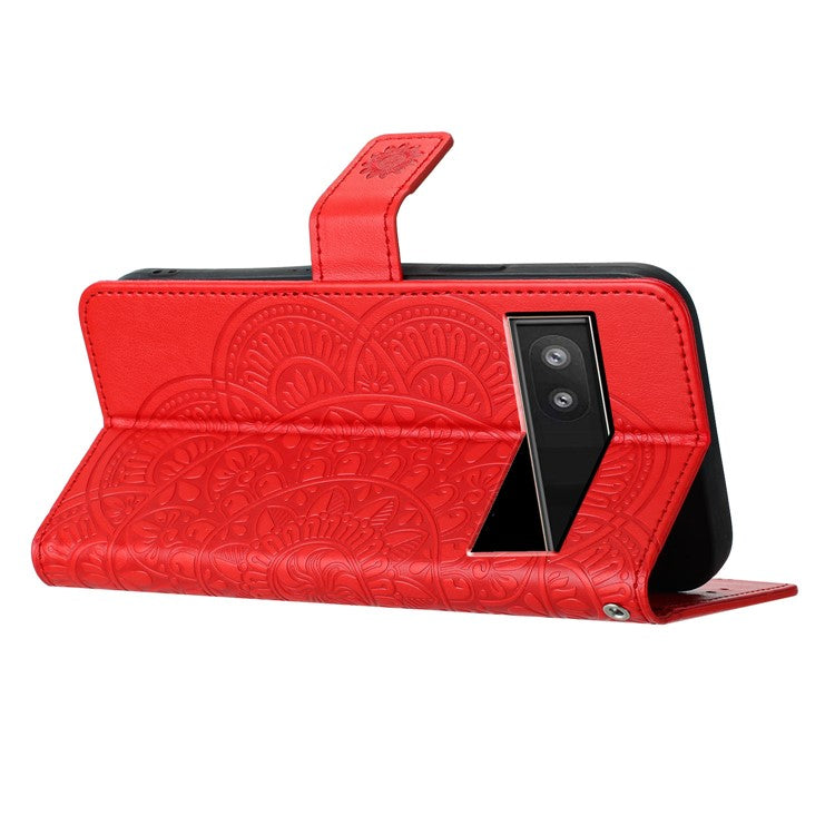 For Google Pixel 9a Leather Case with Card Slots Mandala Pattern Phone Cover Stand - Red