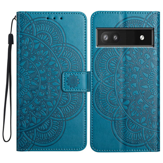 For Google Pixel 9a Leather Case with Card Slots Mandala Pattern Phone Cover Stand - Blue
