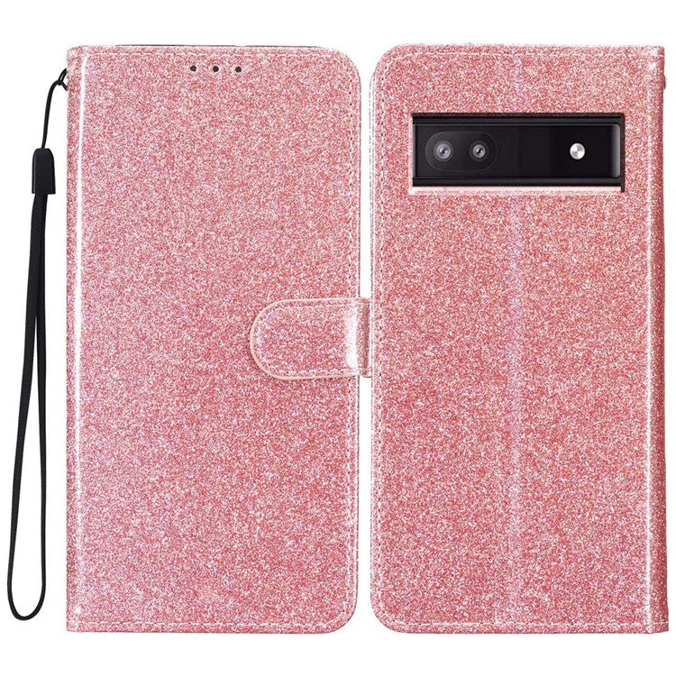 For Google Pixel 9a Wallet Case Glitter Anti-Scratch Leather Phone Cover Stand - Rose Gold