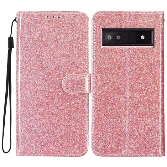 For Google Pixel 9a Wallet Case Glitter Anti-Scratch Leather Phone Cover Stand - Rose Gold