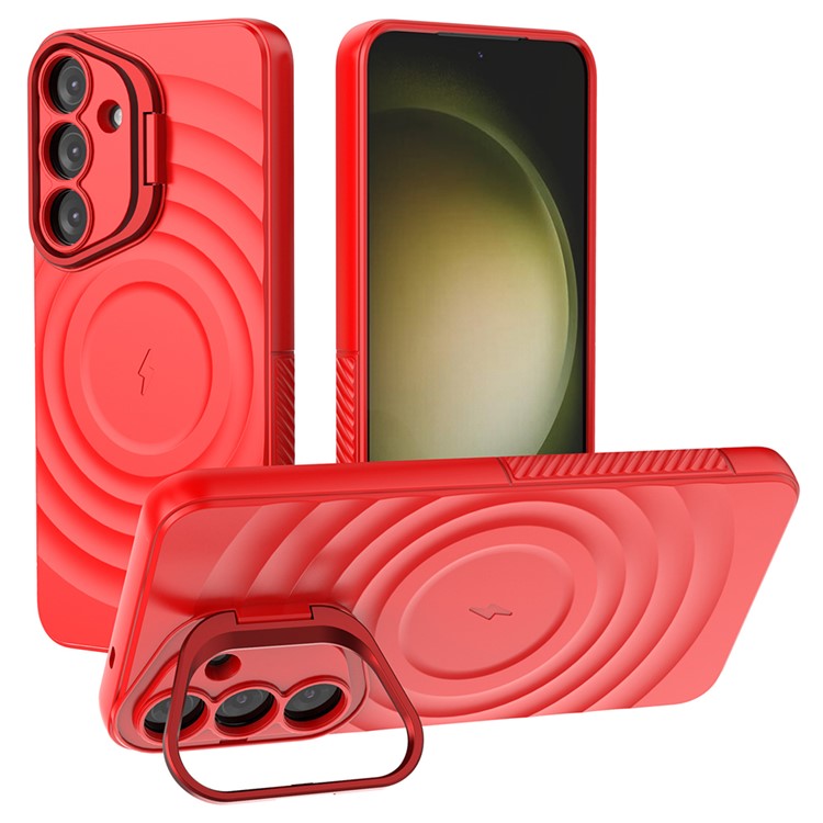 For Samsung Galaxy S25 Case Compatible with MagSafe PC Kickstand Ripple Texture TPU Phone Cover - Red
