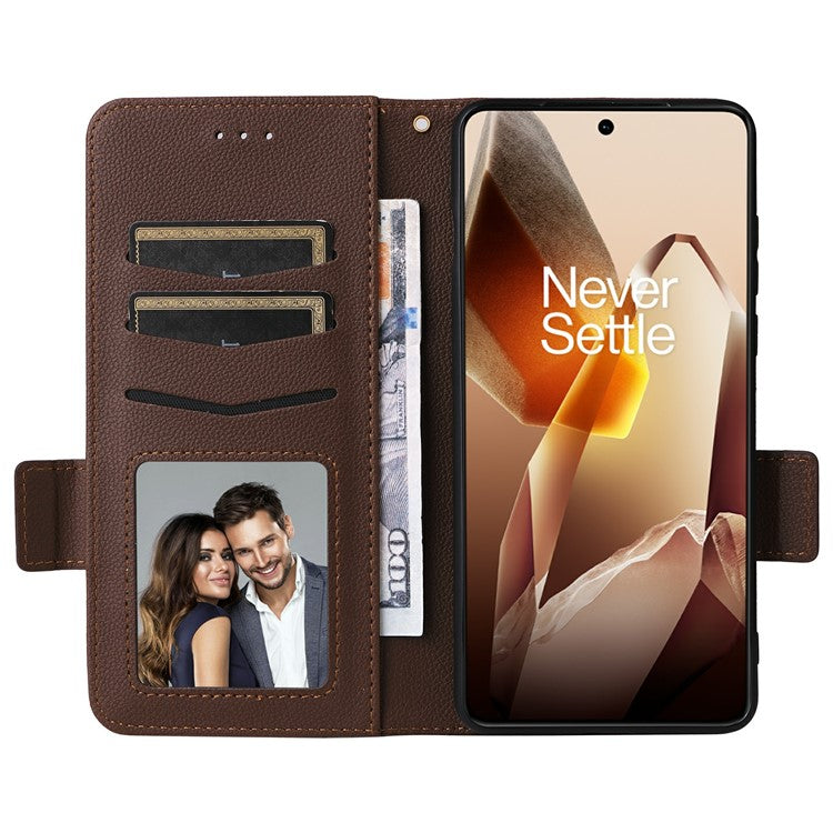 For OnePlus 13 Case Litchi Texture PU Leather Wallet Flip Phone Cover - Brown