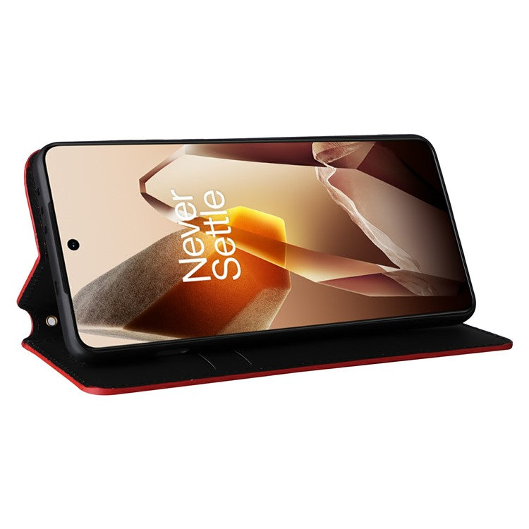 For OnePlus 13 Wallet Case Rhombus Imprinted Leather Phone Cover - Red