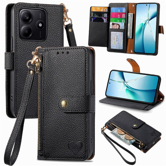 For Xiaomi Redmi Note 14 5G Case RFID Blocking Zipper Pocket Leather Wallet Phone Cover - Black