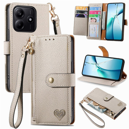 For Xiaomi Redmi Note 14 5G Case RFID Blocking Zipper Pocket Leather Wallet Phone Cover - Grey