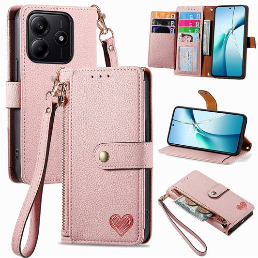 For Xiaomi Redmi Note 14 5G Case RFID Blocking Zipper Pocket Leather Wallet Phone Cover - Pink