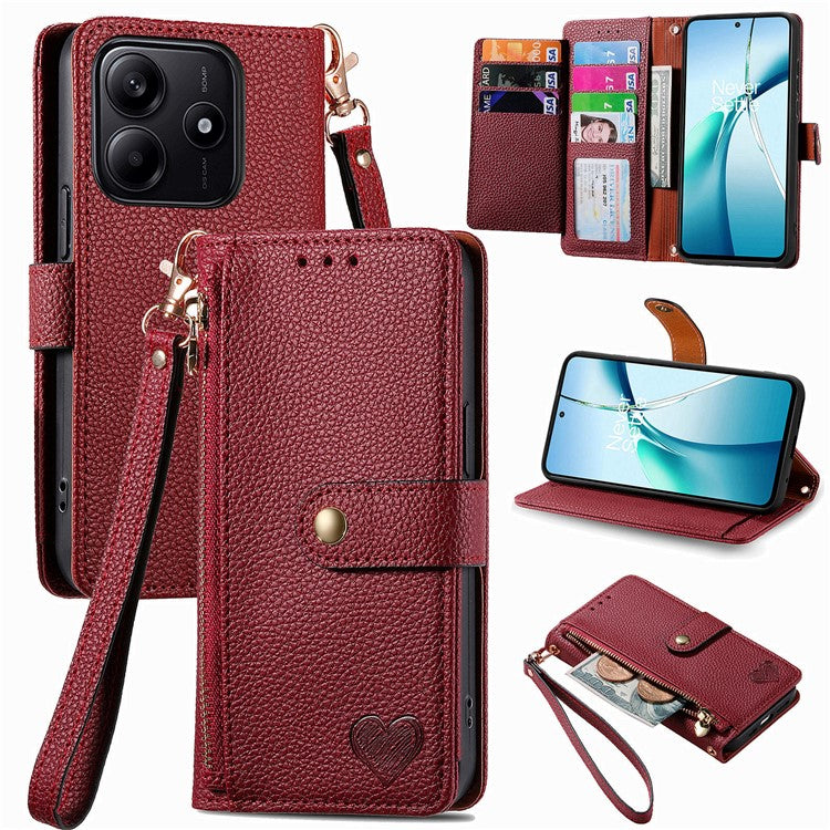 For Xiaomi Redmi Note 14 5G Case RFID Blocking Zipper Pocket Leather Wallet Phone Cover - Red