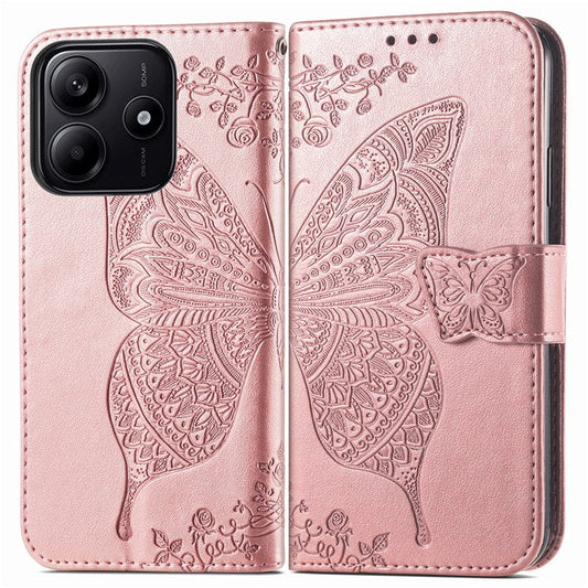 For Xiaomi Redmi Note 14 5G Case PU Leather Wallet Phone Cover Butterfly Pattern - Rose Gold