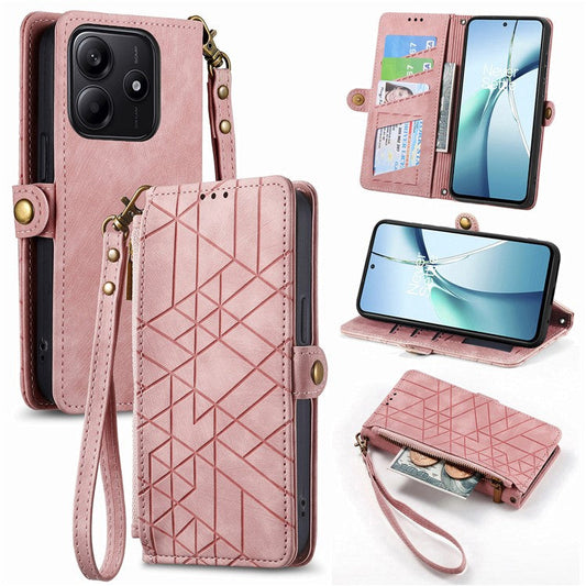 For Xiaomi Redmi Note 14 5G Case Zipper Wallet Geometry Lines Leather Phone Cover - Pink