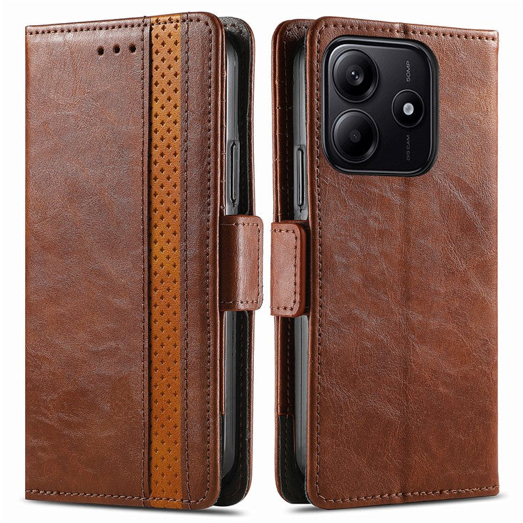 CASENEO 002 Series For Xiaomi Redmi Note 14 5G Case Stand Wallet Splicing PU Leather Cover - Dark Brown