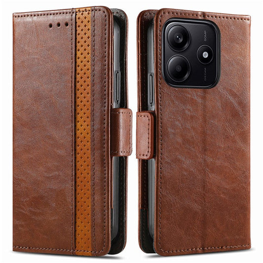 CASENEO 002 Series For Xiaomi Redmi Note 14 5G Case Stand Wallet Splicing PU Leather Cover - Dark Brown