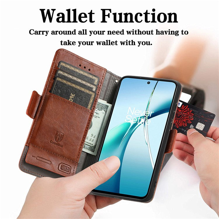CASENEO 002 Series For Xiaomi Redmi Note 14 5G Case Stand Wallet Splicing PU Leather Cover - Dark Brown