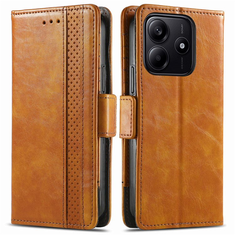 CASENEO 002 Series For Xiaomi Redmi Note 14 5G Case Stand Wallet Splicing PU Leather Cover - Light Brown