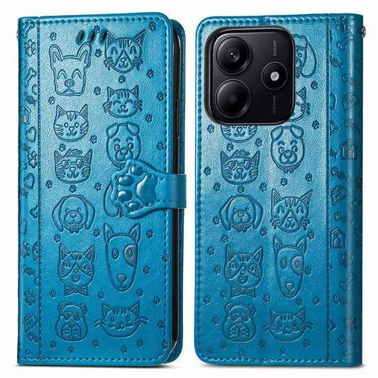 For Xiaomi Redmi Note 14 5G Case Leather Wallet Flip Phone Cover Cute Cat Dog Pattern - Blue
