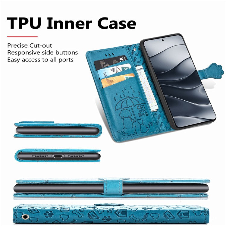For Xiaomi Redmi Note 14 5G Case Leather Wallet Flip Phone Cover Cute Cat Dog Pattern - Blue
