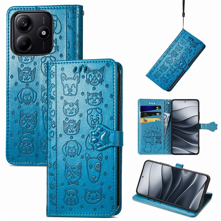 For Xiaomi Redmi Note 14 5G Case Leather Wallet Flip Phone Cover Cute Cat Dog Pattern - Blue