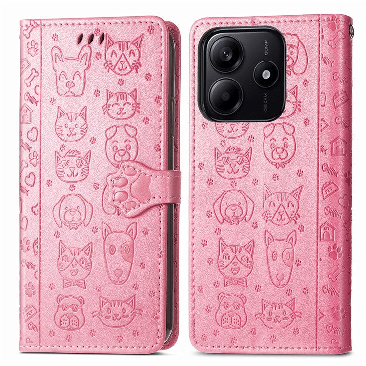 For Xiaomi Redmi Note 14 5G Case Leather Wallet Flip Phone Cover Cute Cat Dog Pattern - Pink